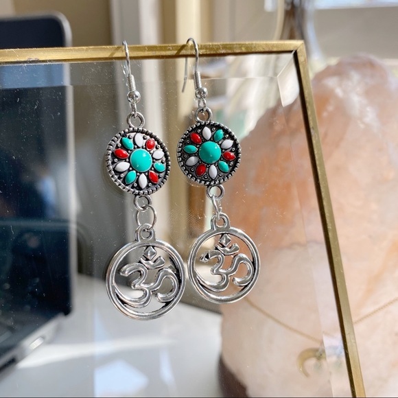 3/$15 Silver Boho Mandala Namaste Dangle Earrings - Picture 3 of 7